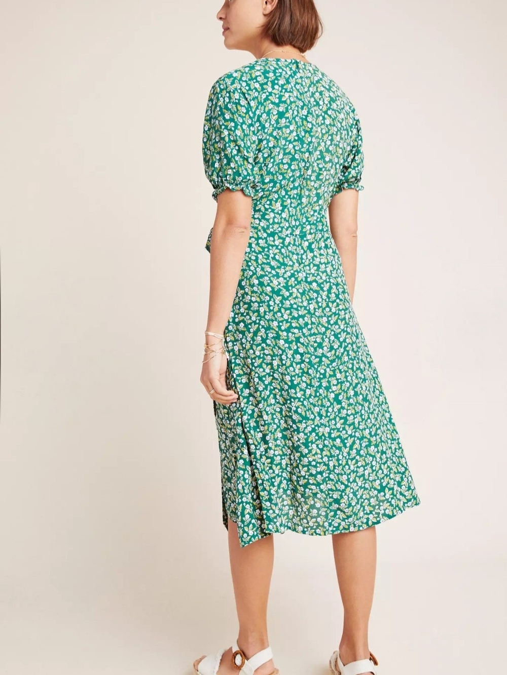 Faithfull the Brand Anthropologie Green Floral Wrap Midi Dress with Puff Sleeve - Picture 2 of 11